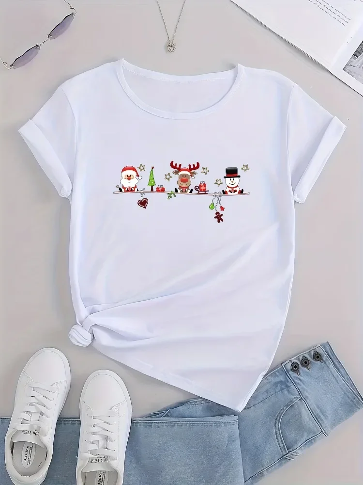 

Christmas Cute Santa Claus Reindeer Snowman Print Women T-Shirt Round Neck Short Sleeve T-Shirt Casual Sports Top Women Clothing