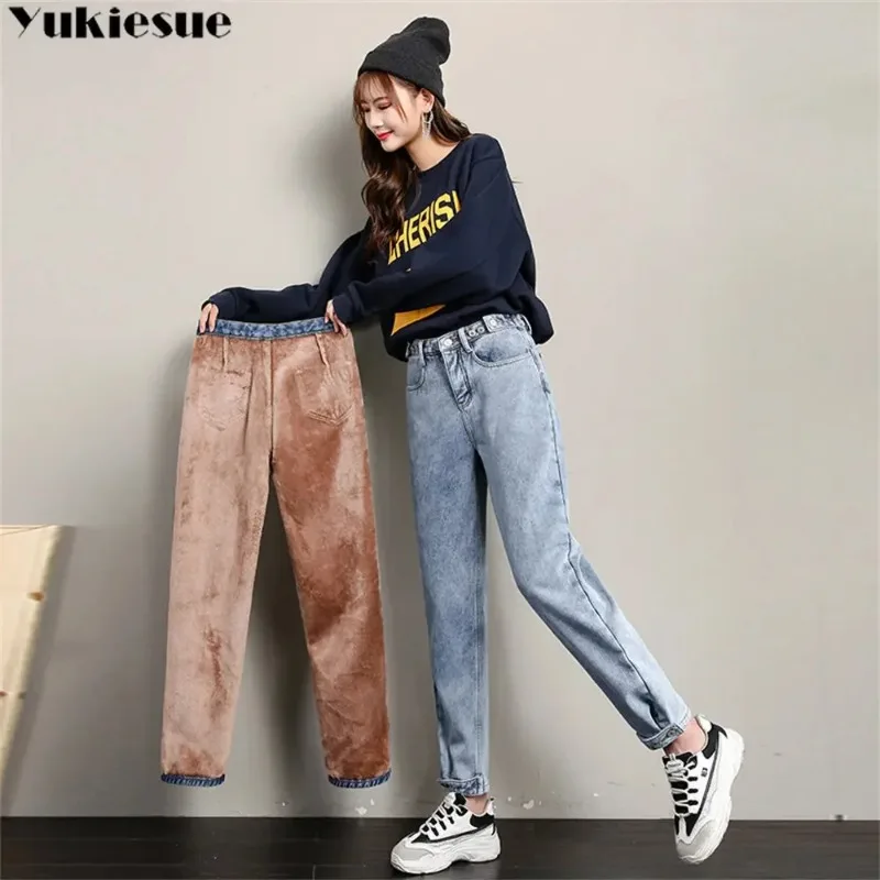 الشتاء سميكة المخملية الدافئة سليم صالح تمتد السيدات موضة عادية الدينيم سروال شكل قلم رصاص المرأة عالية الخصر نحيل الجينز Harajuku الصوف