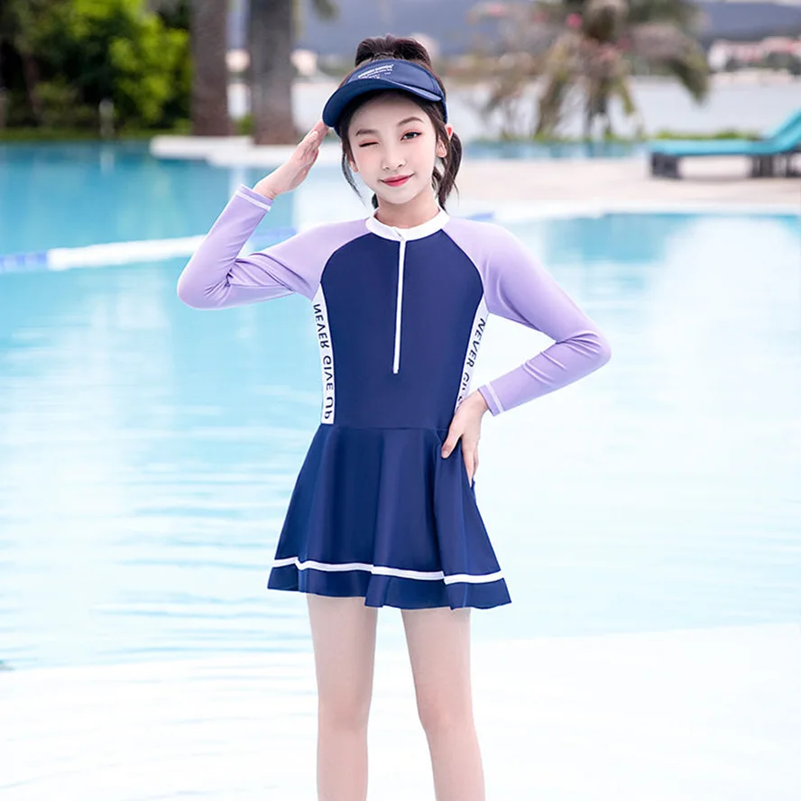 One Pieces Children Swimwear 2024 New Kids Long-sleeve Swimsuit For Girl With Underwear Teenager Girls Summer Beach Bathing Suit