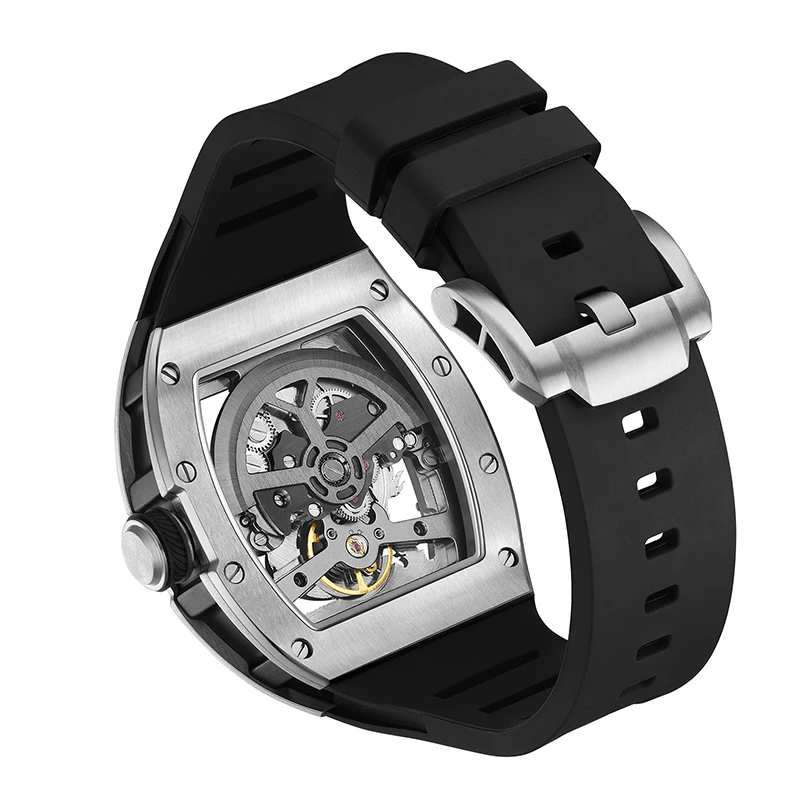فاخر مقاوم للماء الجوف خارج ساعة أوتوماتيكية التنين الهاتفي برميل الرجال ساعة يد رياضية حركة ميكانيكية سيليكون حزام الساعات