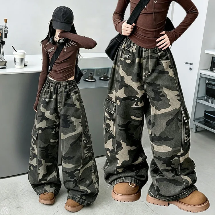 Girls Camouflage Cargo Pants Spring Autumn New Teenage Children Trendy American High Street Retro Loose Straight Leg Trousers