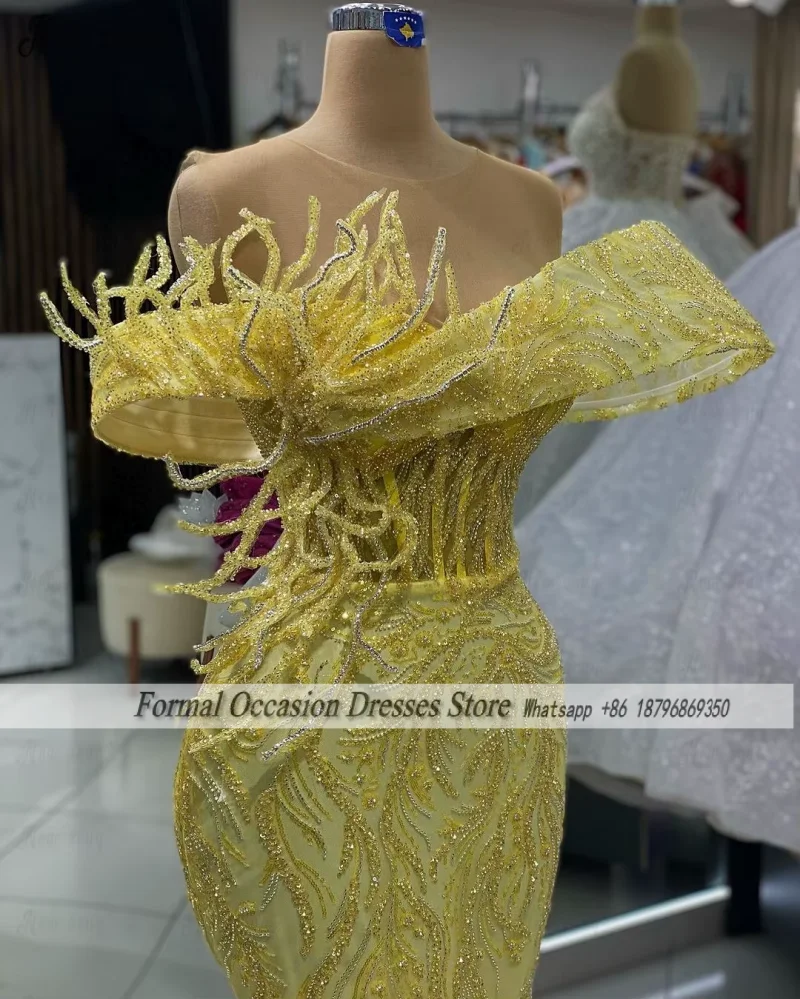 Impressionante amarelo sereia vestidos de noite para mulheres lantejoulas design vestido de festa de casamento dubai feminino porm vestidos personalizados