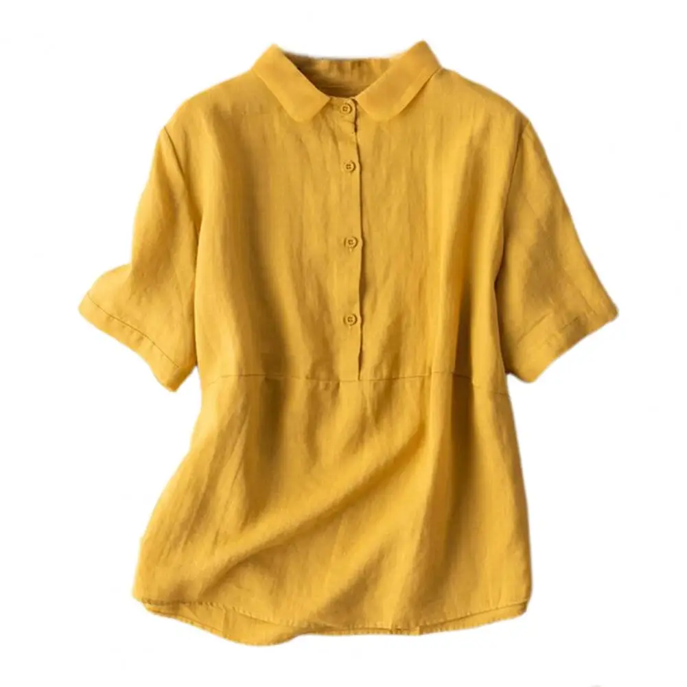 Women Casual Shirt Doll Collar Buttons Half Placket Short Sleeve Shirt Top Single Breasted Solid Color Loose Fit Blouse 블라우스