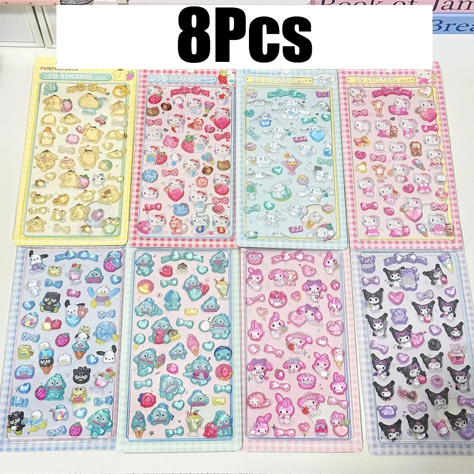 Zestaw naklejek 3D Sanrio z motywami Kuromi, Pochacco, Hello Kitty, My Melody i Cinnamoroll do dekoracji etui i toreb, idealny na prezent urodzinowy.