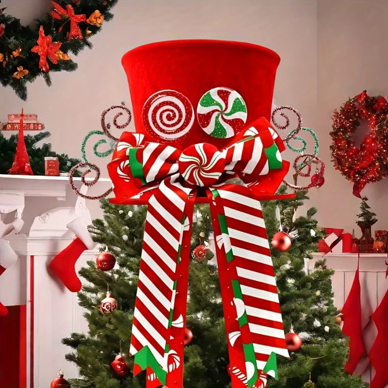 1-teilige Weihnachtsbaum-Dekoration, Hut, Weihnachtsdekoration mit Süßigkeiten-Baumspitze, Mint-Schmetterlingsknoten – Weihnachtsdekoration für Zuhause