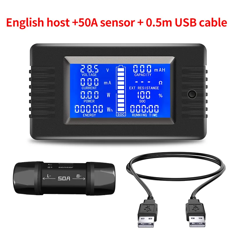 DC 0-200V 50A Multifunctional Battery Capacity Tester Voltage Current Power Energy Meter LCD Digital Voltmeter Ammeter USB Port