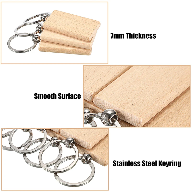 10Pcs Unfinished Wooden Keychain Blank Wood Key Chain DIY Rectangle Wood Keychain Tags