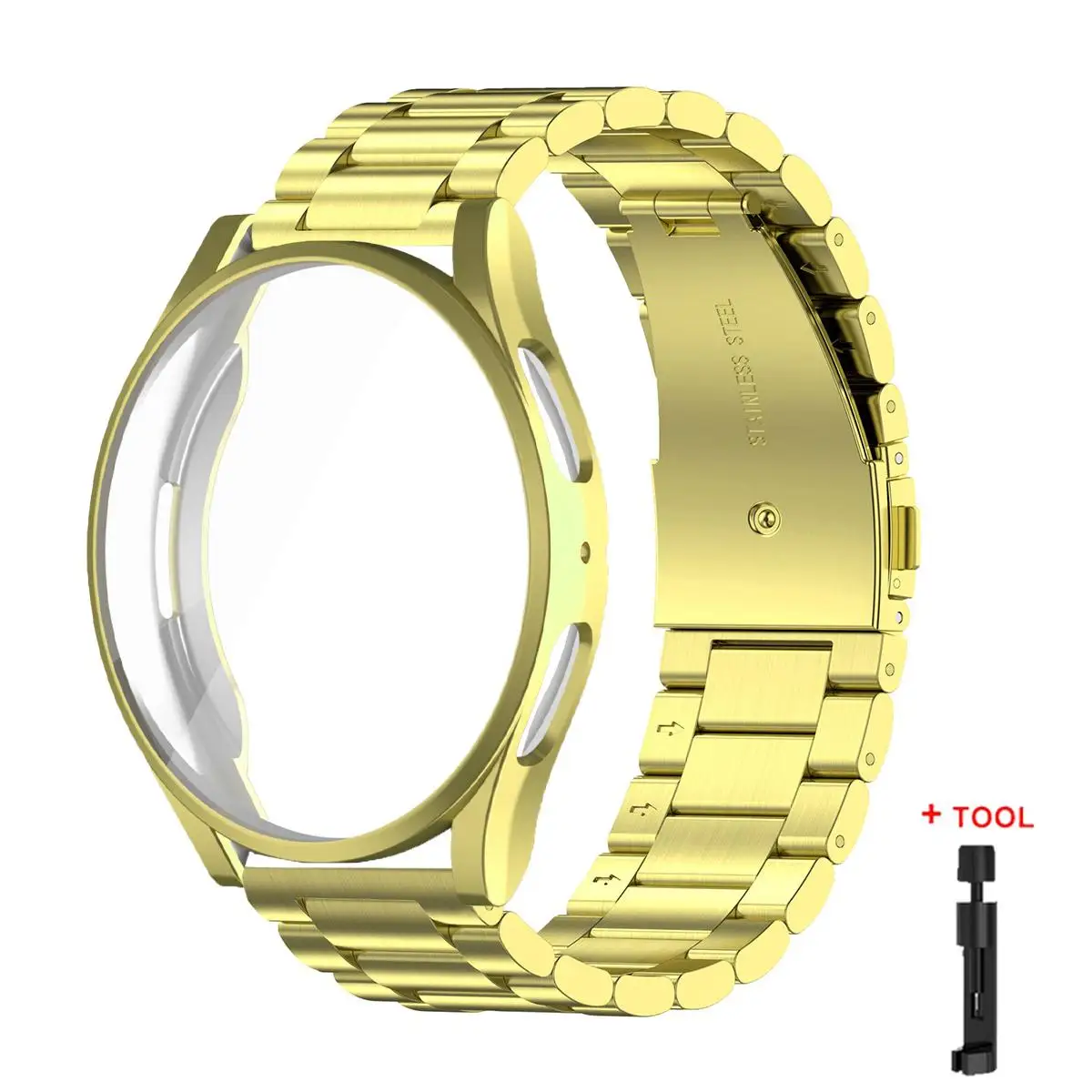 For Samsung Galaxy Watch7 44mm Tri-Beads Stainless Steel Watch Band with Full Coverage TPU Case and Strap Link Remover Set(Gold)