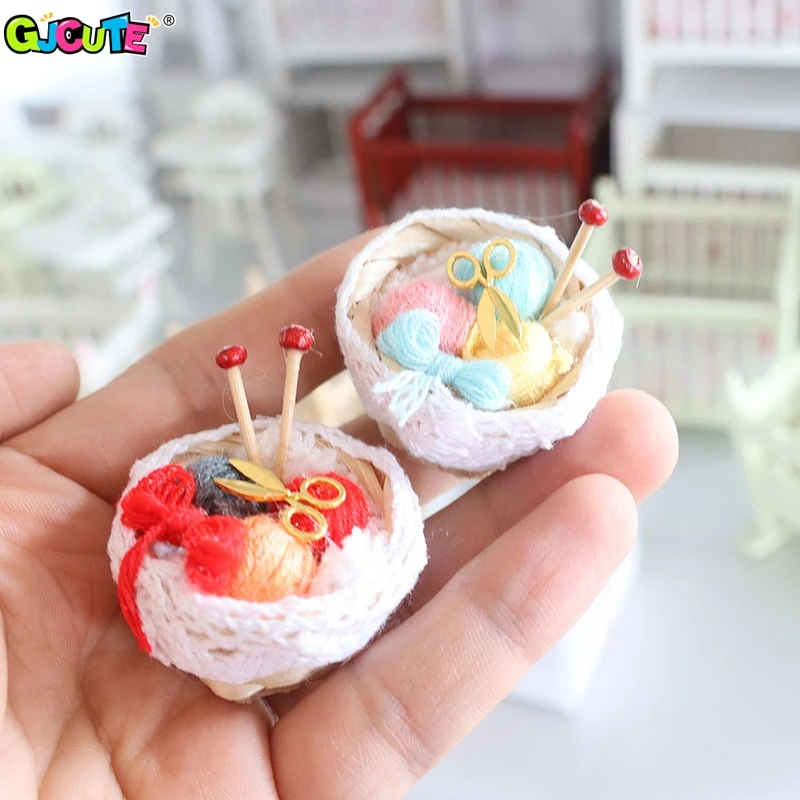 1:12 Dollhouse Miniature Bamboo Basket Braided Yarn Ball Needle Balls Scissors Sweater Knitting Tool Basket Home Model Decor