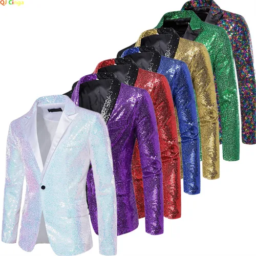 Chaqueta de traje de lentejuelas brillantes para hombre, abrigo de puesta en escena, chaquetas blancas plateadas, azules, rojas y moradas con cuello en V y un solo botón S M L XL XXL