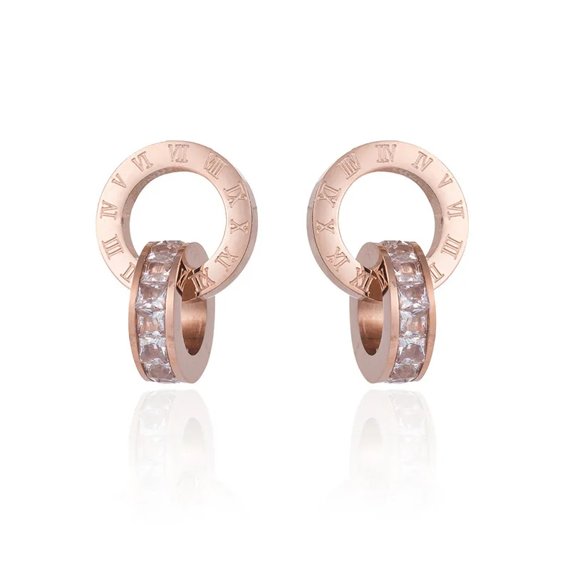 OIMG Stainless Steel Earrings New Classic Simple Roman Numeral Inlaid Zirconia Circle Pendant Stud Earrings For Women Jewelry