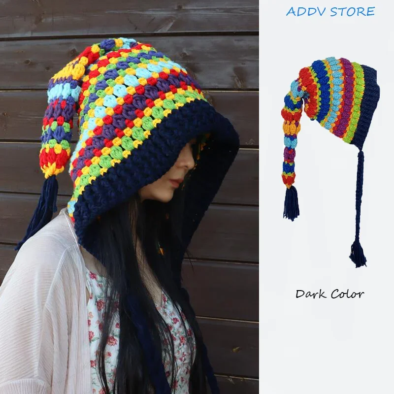 

Women's Crochet Rainbow Long-tailed Hat Knitted Wool Rainbow Hat Parent-child Winter Long Braid Elf Hat