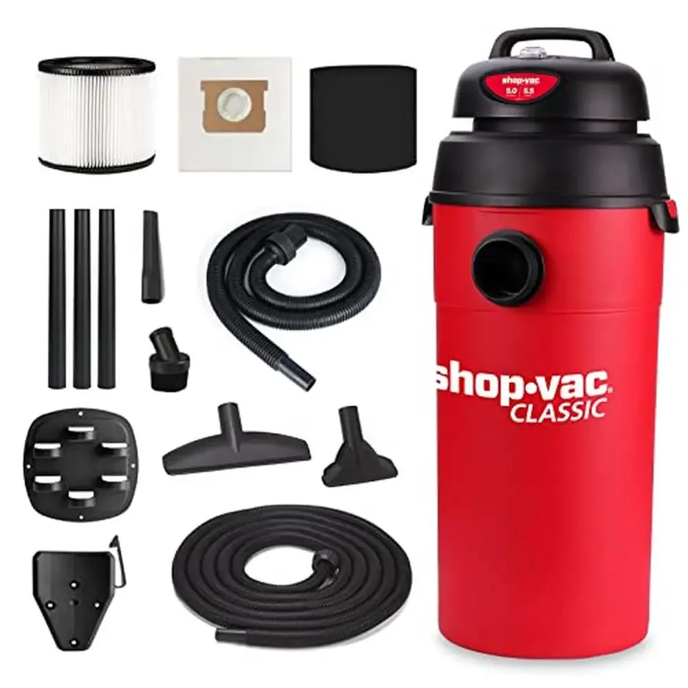 Powerful 5 Gallon Wall-Mounted Wet/Dry Vacuum Cleaner with Extra Long Hose & Accessories Ideal Jobsite Cleaning