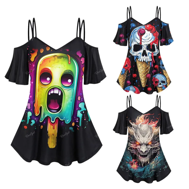 

Gothic 3D Printed Halloween Cold Shoulder T-shirt Plus Size Cami Top Cartoon Graphic V-Neck Tees For Women XS-6X