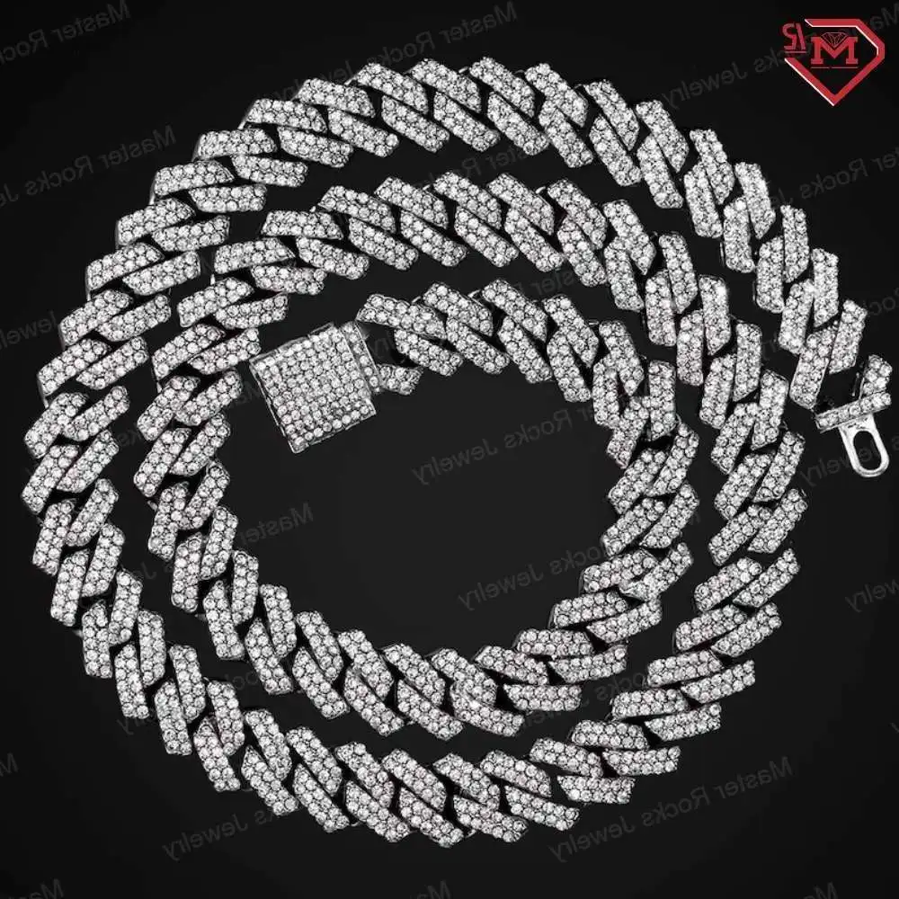 

Hiphop 12MM Miami Cuban Chain Set Prong Setting 925 Sterling Silver VVS Diamond Moissanite Cuban Link Chain