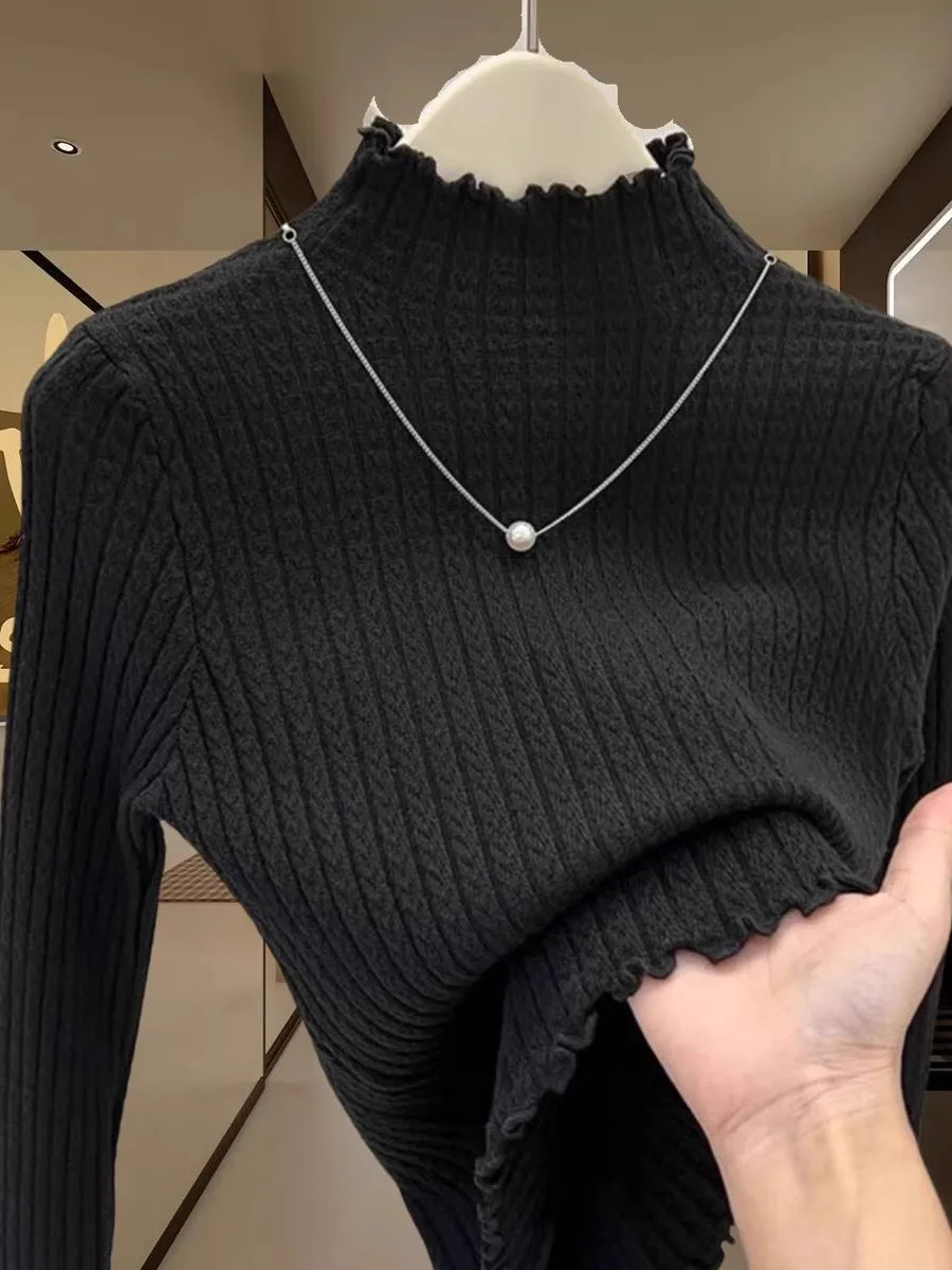 Novo branco malhas camisola de malha pulôveres femininos manga longa mock neck camisola de malha pulôver feminino topos sueter feminino q1754