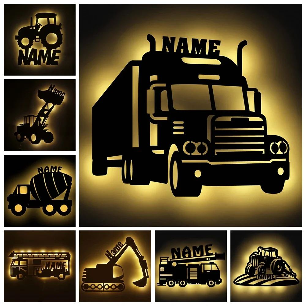 Children Kids Baby Night Light Bedroom Decor Personalized Name Engineering Car Vehicle/Tractor/Fire Truck Home LED USB Wall Lamp