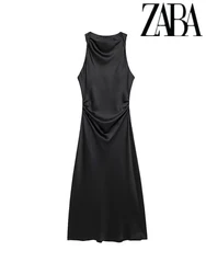 TRAF Women's Summer Sexy Sleeveless Slim Strapless Dress Elegant Silk Textured Long Dress Elegant Commuter Fashion Dresses