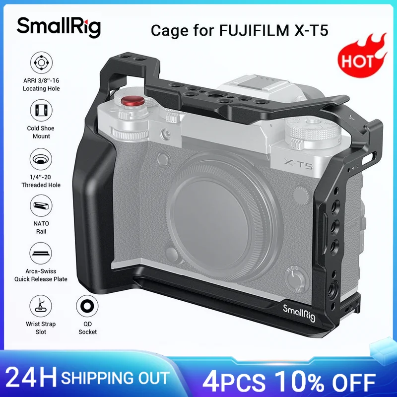 SmallRig X-T5 Full Cage for FUJIFILM X-T5 Camera Cage with Shutter Button, NATO Rails and Quick Release Plate for Arca -4135