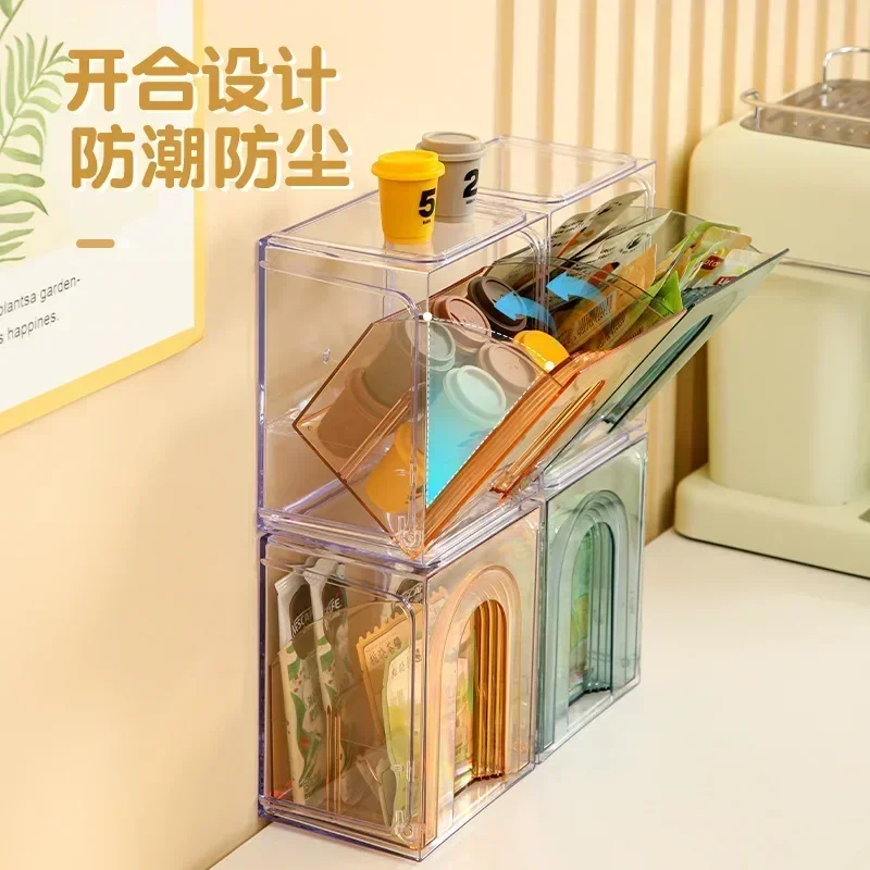 Tea Room Wall Rack，Transparent Holder for Cosmetics, Desktop Storage Box, 2 Blue 2 Orange Coffee and Office Organizer