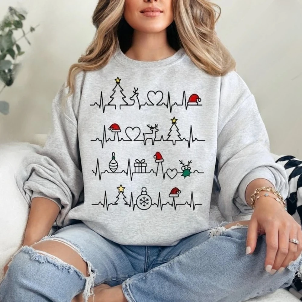2026 Christmas Funny Heartbeat EKG Sweatshirt  Xmas Trees Christmas Hat Graphic Pullover  Woman Medical Tops Gift Casual Sweater