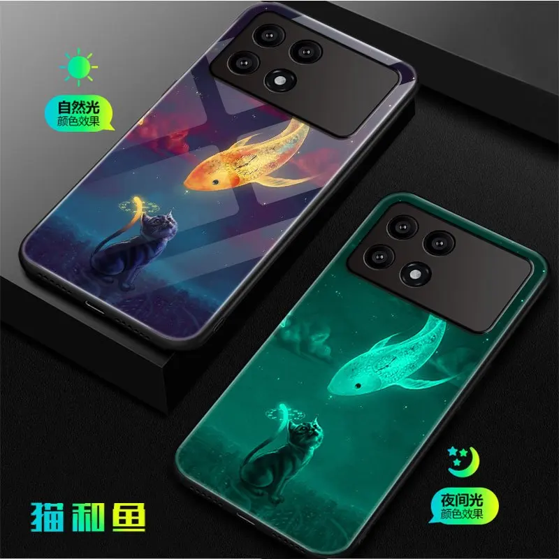 

Luminous Tempered Glass Phone Case For Xiaomi Poco X6 Pro Cover For Xiaomi Poco X6 Pro Case Cover Glowing in Dark Cat and Fish