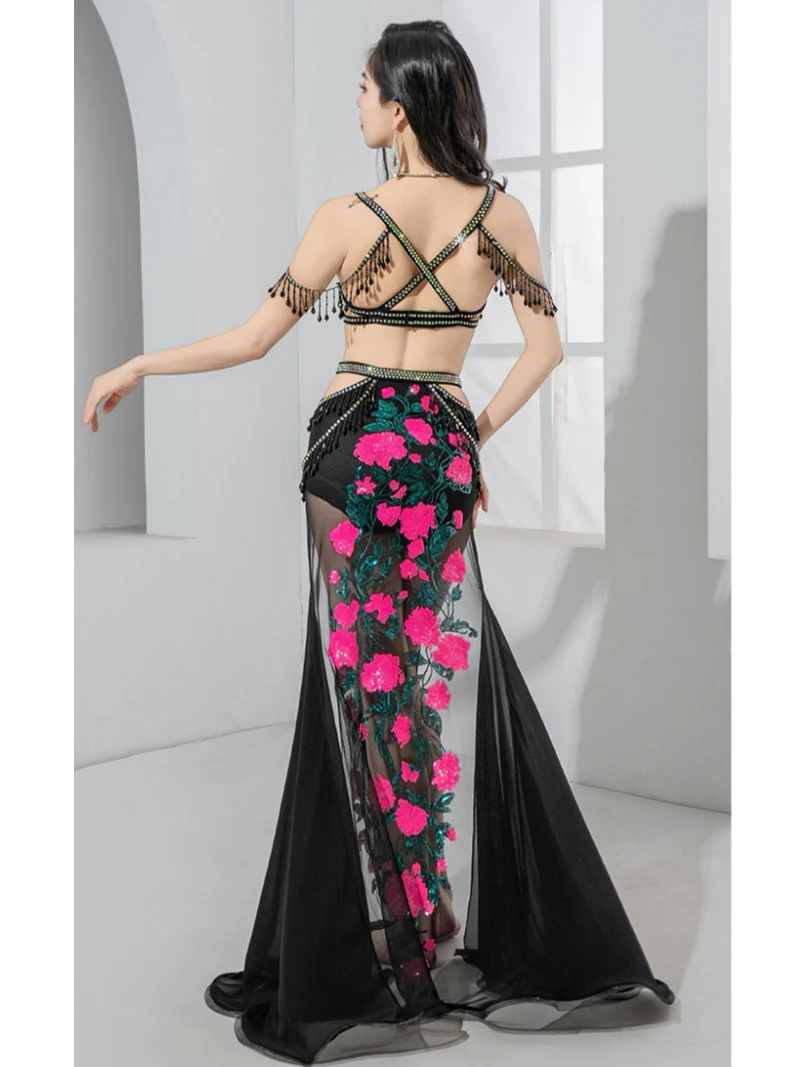 Zestaw Kostiumów do Tańca Brzucha Egipskiego dla Kobiet, Strój do Tańca Orientalnego, Haftowany Strój Grupowy, Kwiatowy Biustonosz i Spódnica, Kostium na GALA