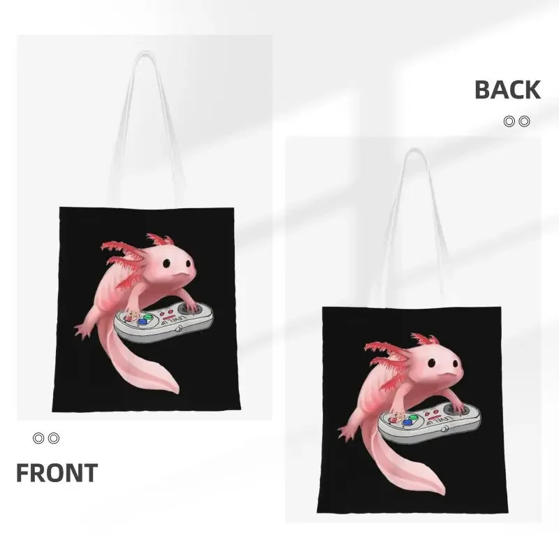 Axolotl Fish Playing Video Game Shopping Bag Women Shoulder Canvas Tote Bag Durable Axolotl Lizard Gamers Grocery Shopper Bags