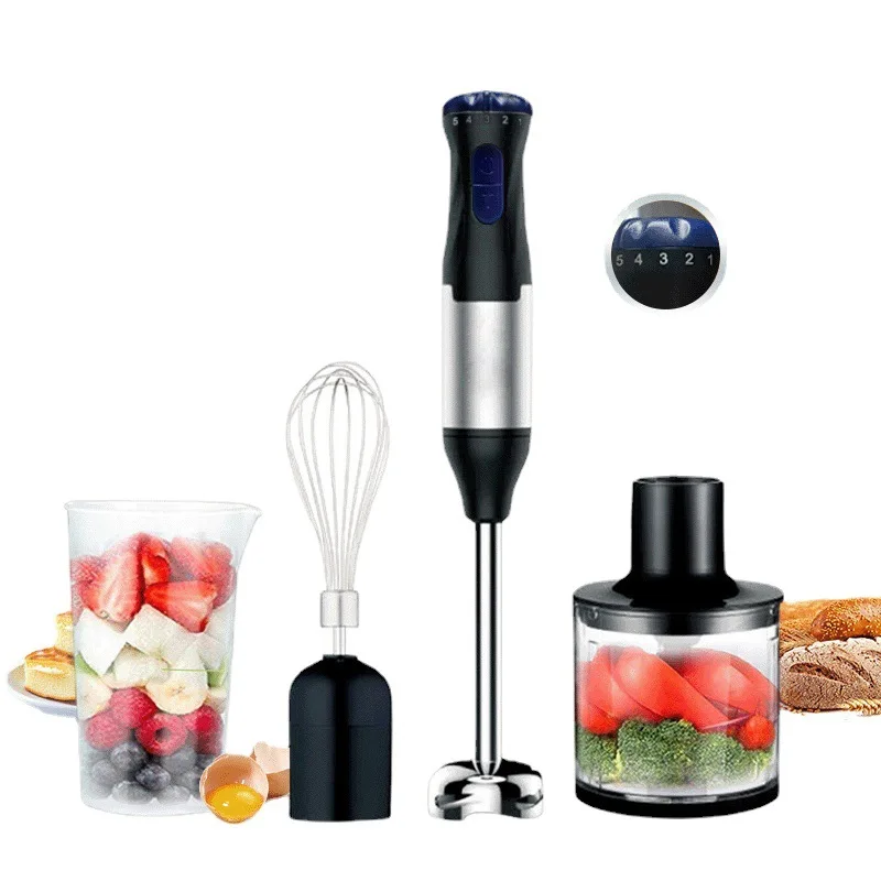 Juego de batidora de mano 4 en 1, batidora manual de 1000W y 5 velocidades con batidor y trituradora, máquina de cocina de acero inoxidable