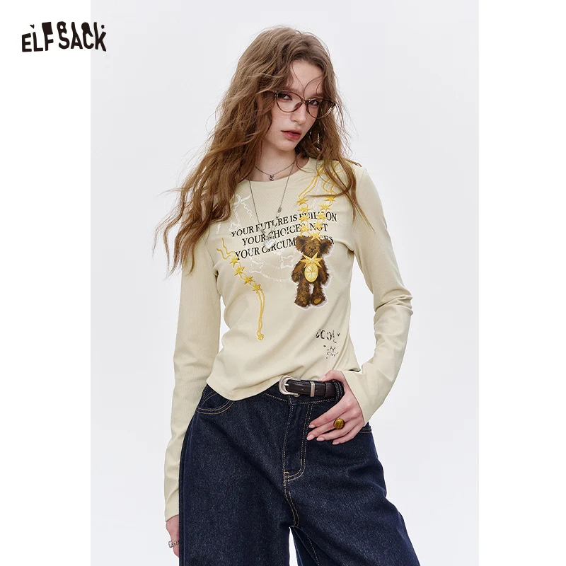 ELFSACK Women's Casual Long Sleeve T-Shirt with Bear Graphic Print, Cute Cartoon Pattern Crop Top for Everyday