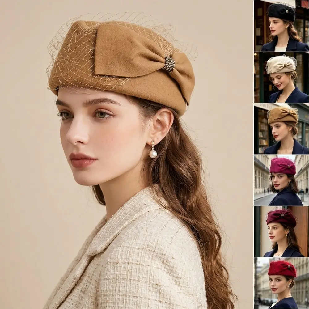 Teardrop Hat French Style Bow Fedora Hat Elegant Fedoras Pillbox Hat Rhinestone Solid Color Medicine Box Hat Banquet