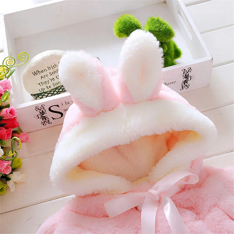 Winter Baby Girl Jacket Sweet And Cute Warm Hooded Rabbit Ear Wool Sweater Minimalist Children\'S Clothing Suitable For 0-3 Year