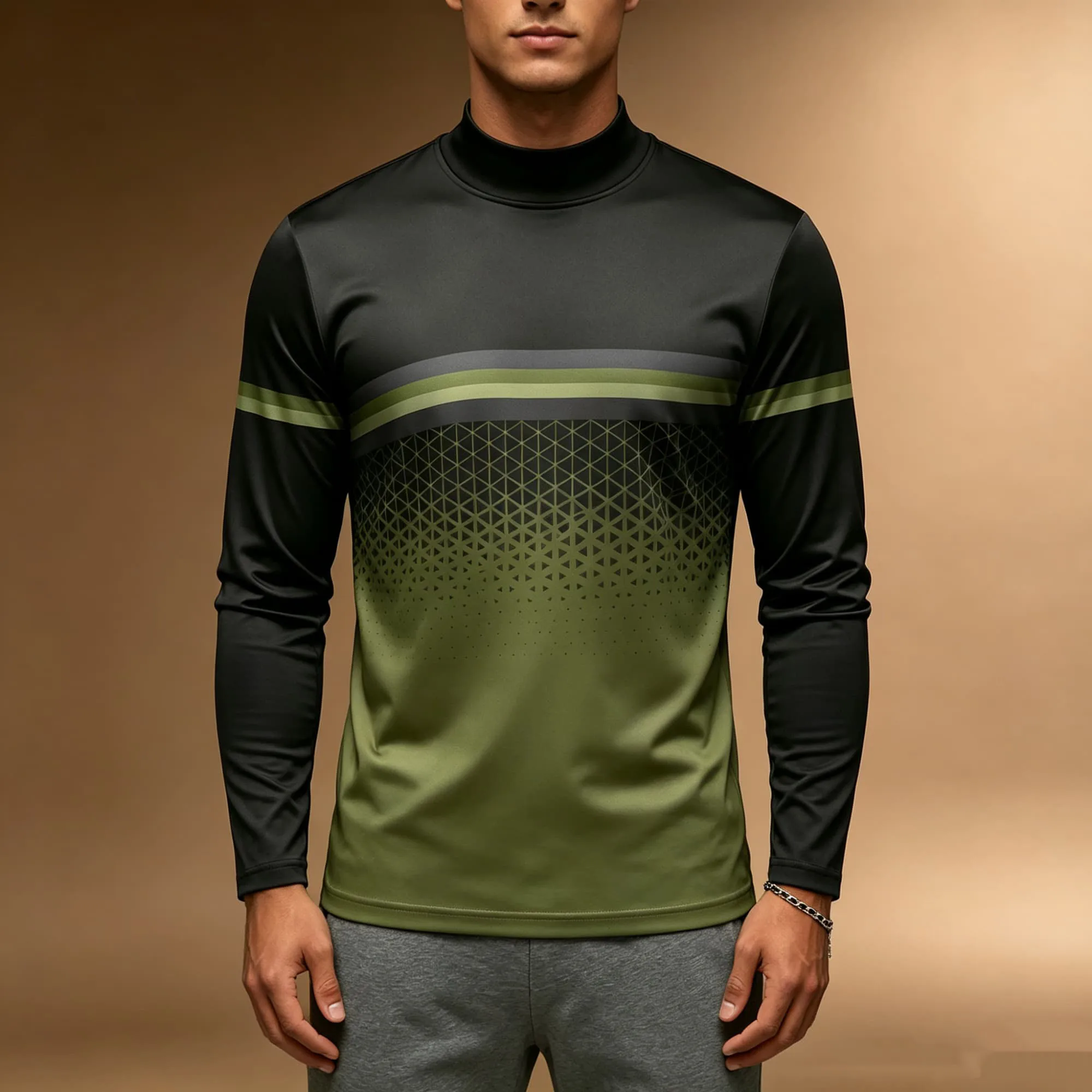 Daily Sports Commute Men Mock Neck Long Sleeve Pullover Top Gradient Geometric Stripe Print Shirt For Fitness Casual Street Look