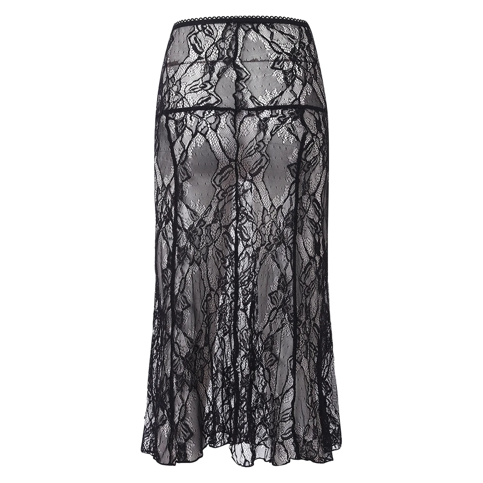 Womens Lace Mermaid Skirt See Through Floral Lace High Waist Elastic Waistband Midi Skirt for Nightclub Party Beach Vacation