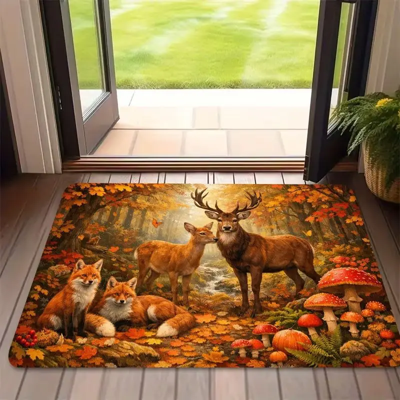 VIKAMA Fall Gnome Squirrel Mushroom Autumn Welcome Rug Entryway Mat Non Slip Front Door Outdoor Holiday Decorations Home