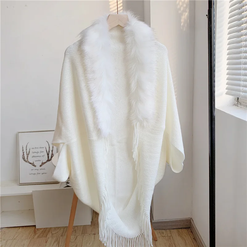 

Fur Collar Winter Shawls And Wraps Bohemian Fringe Oversized Womens Winter Ponchos And Capes Sleeve Cardigan White Cloak