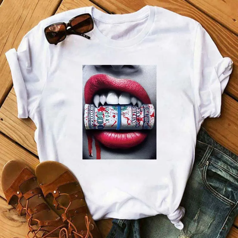 New Sexy Lips Women Tshirt Fashion Graphic Printed T-Shirt Harajuku  Ulzzang Rose Diamond Snake Lips Casual Tops Tee view 4