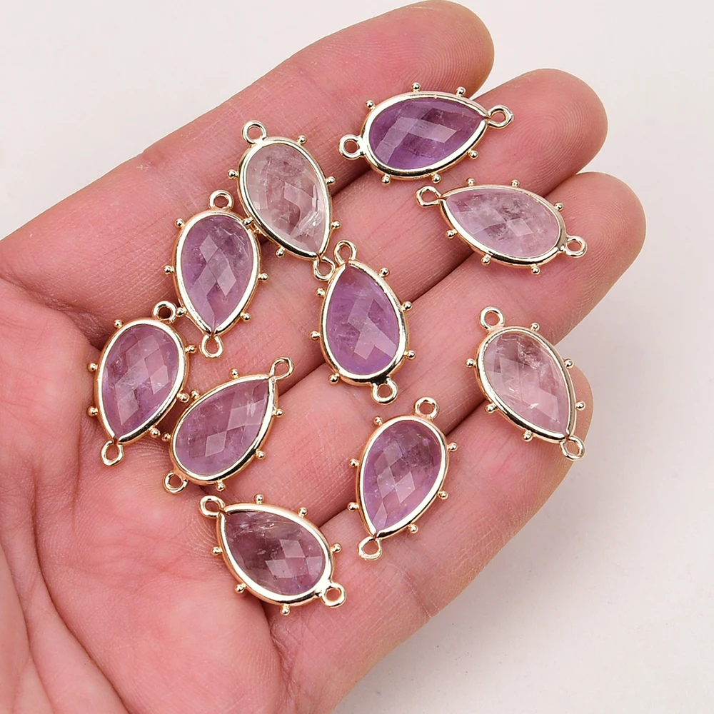 10 Pcs Faceted Lavender Amethyst Gold Plated Pear shaped Connector Trim Double Rings Jewelry Finding DIY
