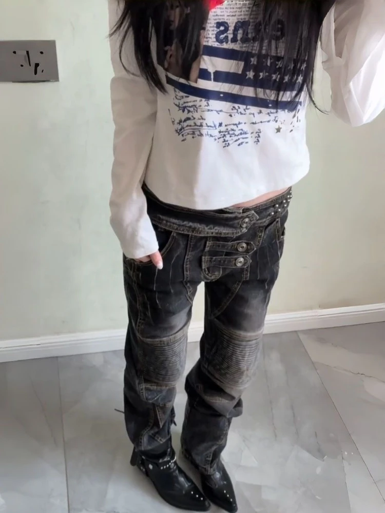 American Vintage Washed Distressed Pleated Button Jeans Women Streetwear Y2k Retro Full Length Pants Slim Spring Summer