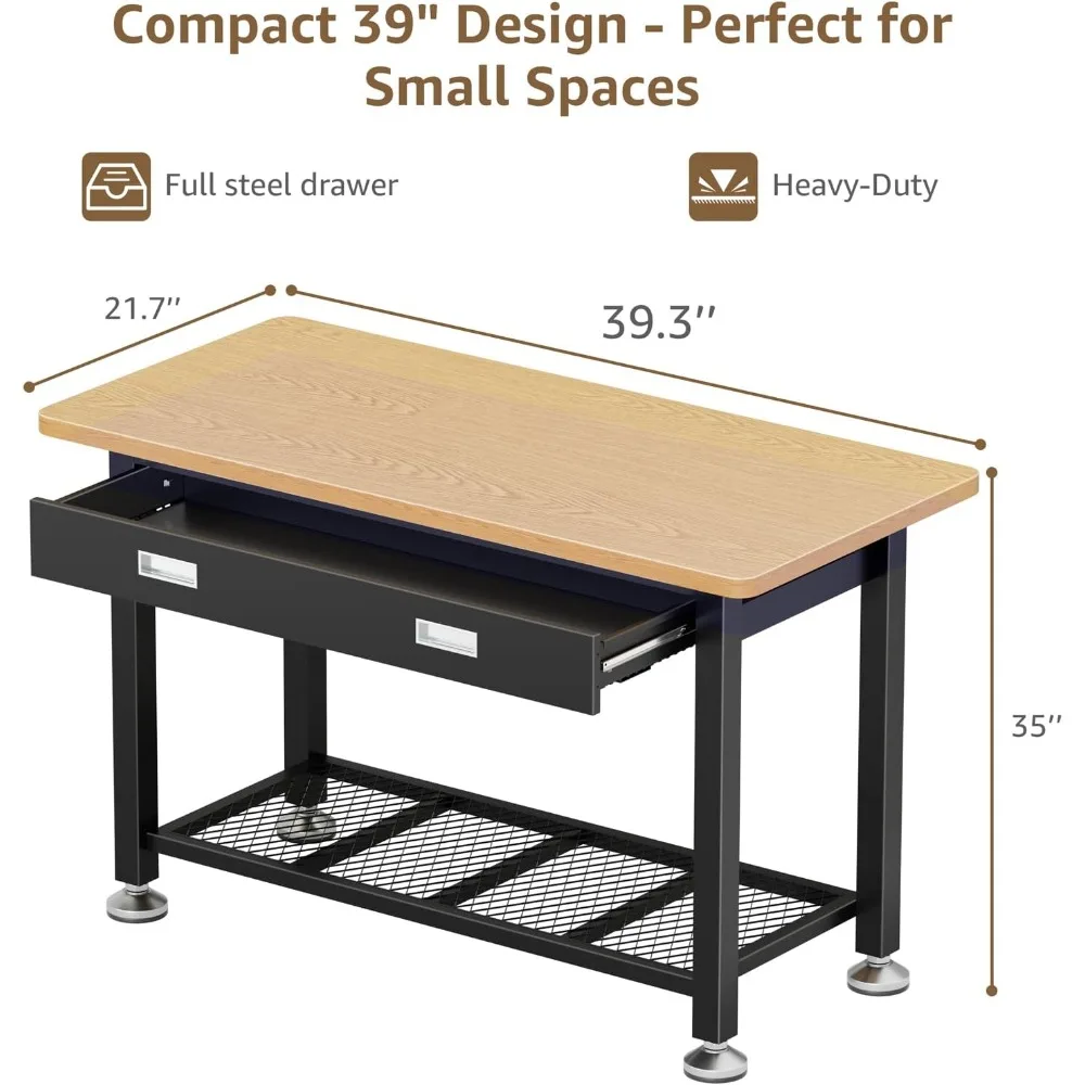 39 inch wood top, metal work bench with drawer and storage for garage, crafts, 3d printer