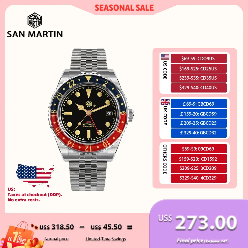 

San Martin 40mm NH34 GMT Diver's Watch For Men Sapphire Bezel 5-Link Bracelet On The Fly Adjust Clasp 20Bar Saat Erkek SN0005B