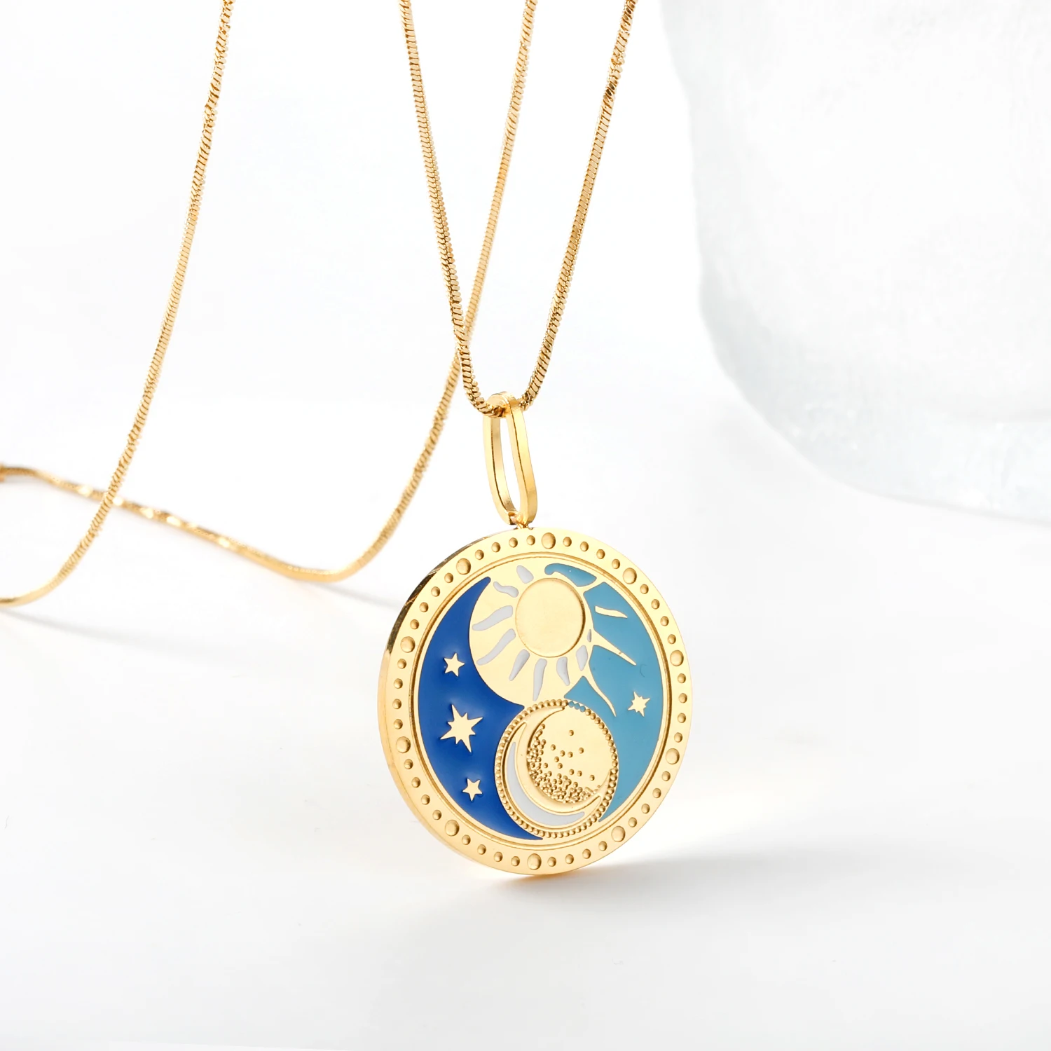 LUXUSTEEL Boho Colorful Sun Moon Tree Pendant Necklace for Women Men Round Stainless Steel Chain Charm of Justice Strength