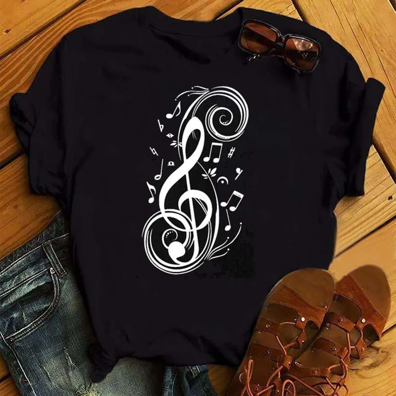 New Music Note Heartbeat Printed Women T Shirt Hipster Short Sleeves T-shirt Female Fashion Harajuku Black Tops T Shirt Clothing