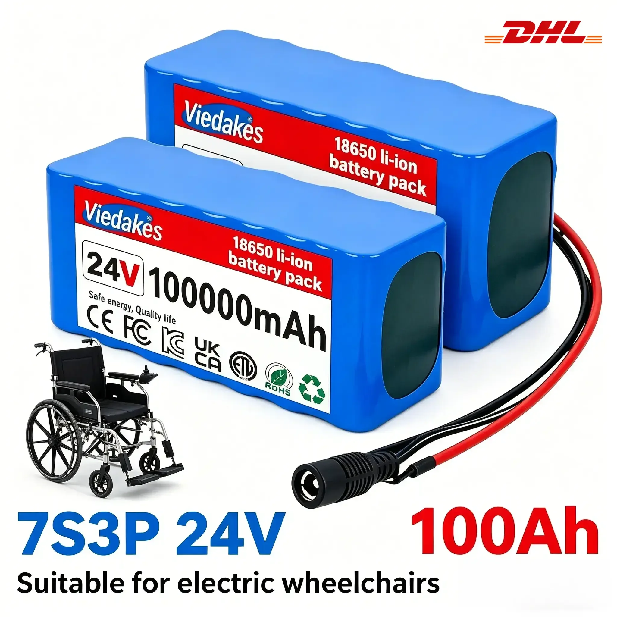 

Viedakes 7S3P 24V Lithium Battery, 100Ah 18650 Cells 100000mAh Rechargeable Battery Pack with Charger