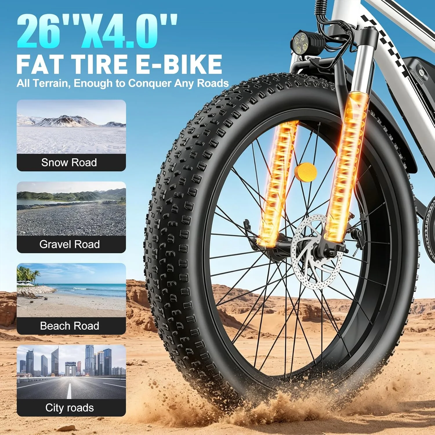 Electric Bike 1500W Peak Motor 30MPH 26x4'' Fat Tire E-Bike for Adults 48V/15Ah Battery 65 Miles Range Full Suspension 7-Speed Gears City Commuter