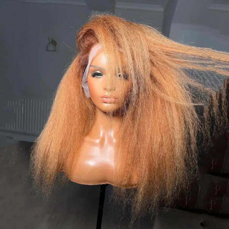 Long Kinky Straight Ombre Blonde Yaki Glueless 180Density 26inch Deep Lace Front Wig For Women With Baby Hair Preplucked Daily