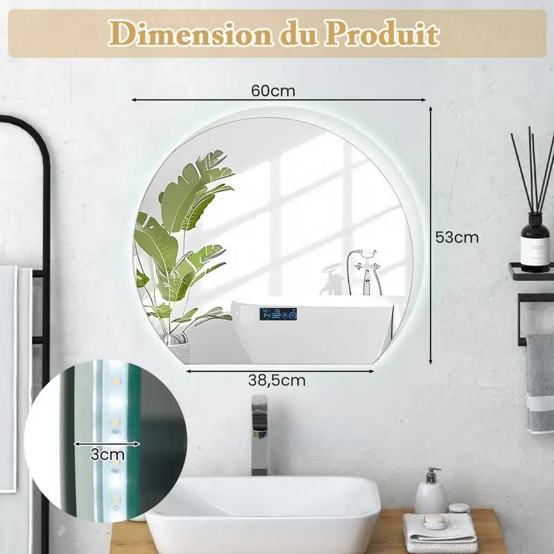 Miroir de salle de bain semi-circulaire, miroir de vanité à intensité variable, 3 couleurs de lumières LED, fonction mémoire, argent