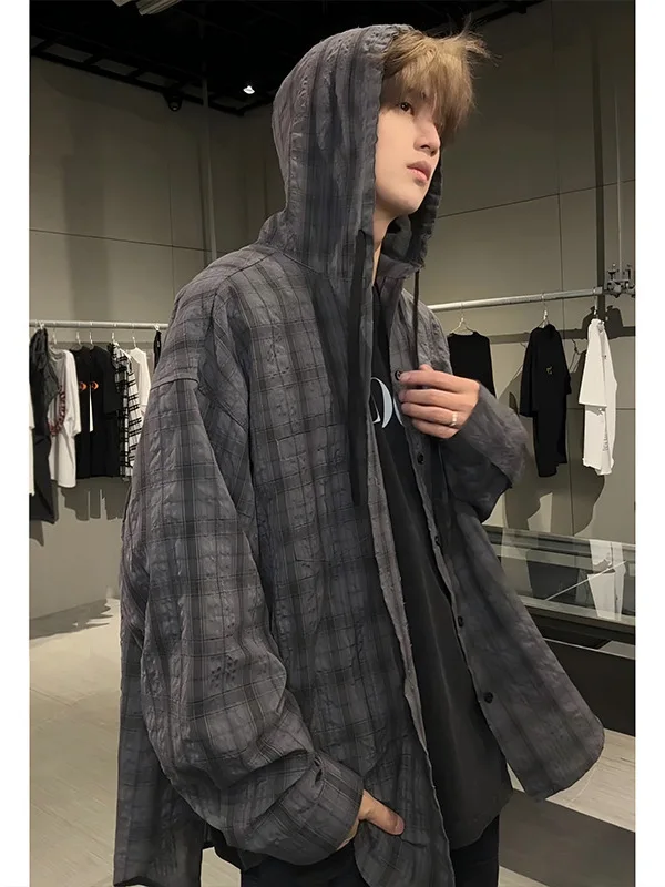 

ay Plaid Men's Summer Loose Sun Protection irt Hooded American Sle Outerwear Casual Long Sve Printed irt