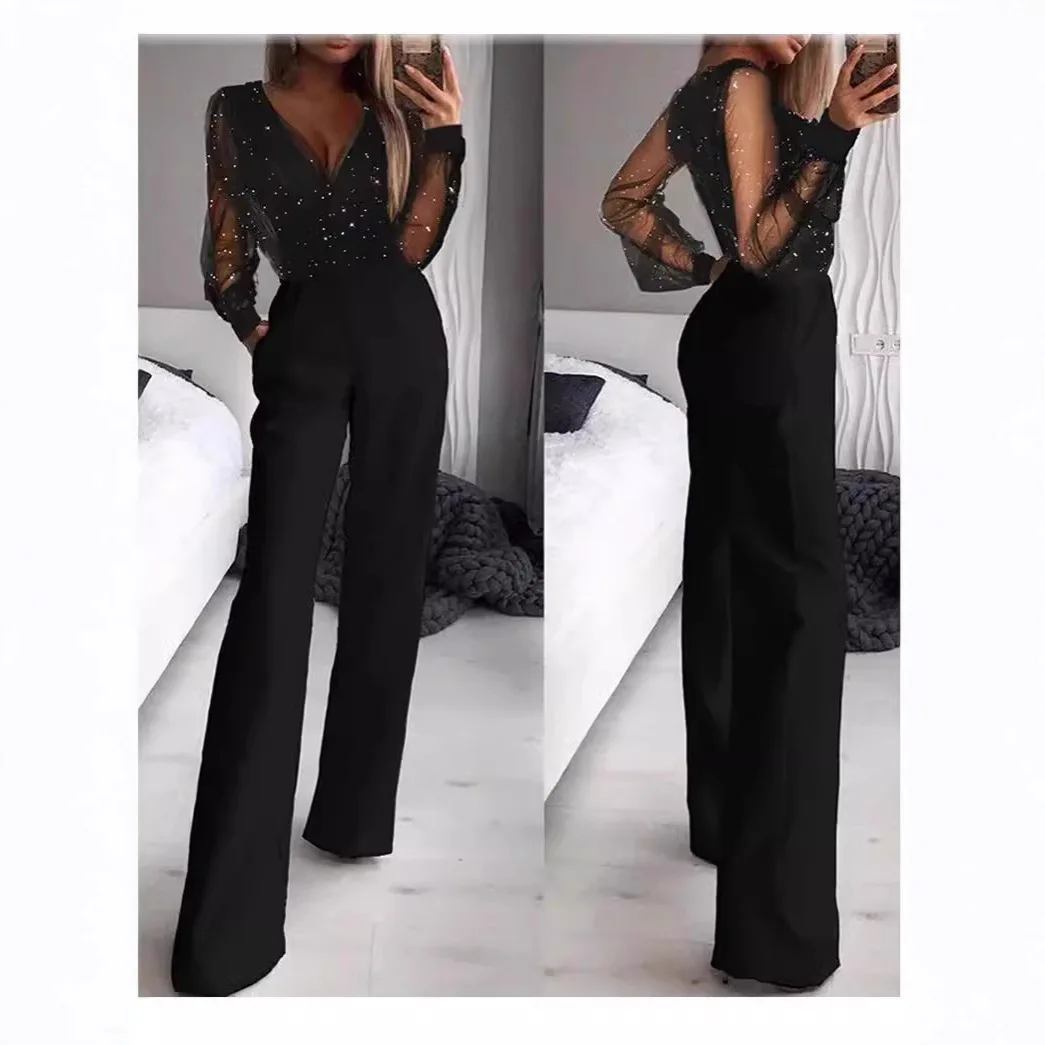 

New-style body-hugging mid-waist slimming black literary mesh sequin elegant office jumpsuit