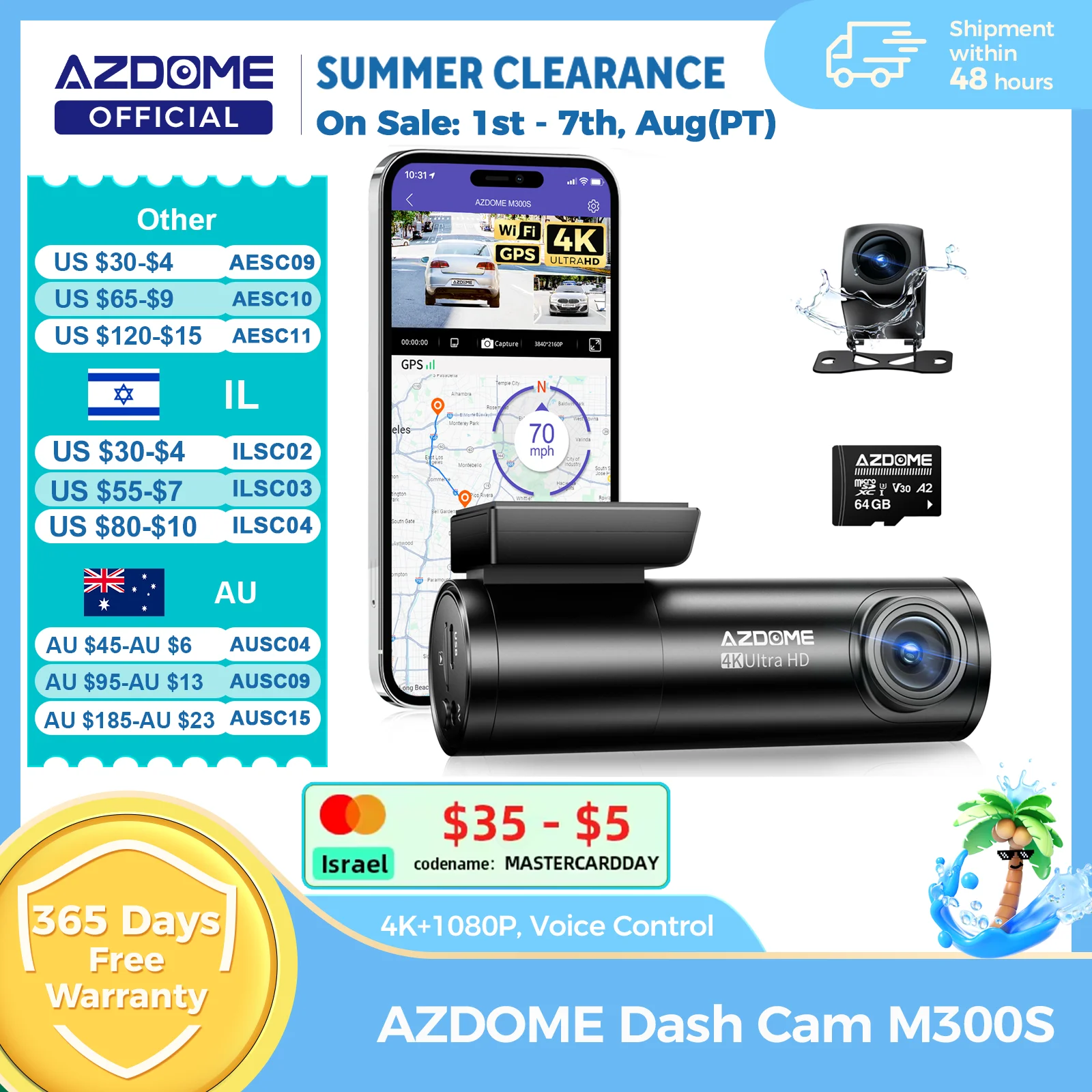 Zdjęcie: AZDOME M300S 4K Kamera samochodowa przednia i tylna, wbudowany ADAS, WiFi, GPS, darmowa karta 64GB, sterowanie głosowe, noktowizja